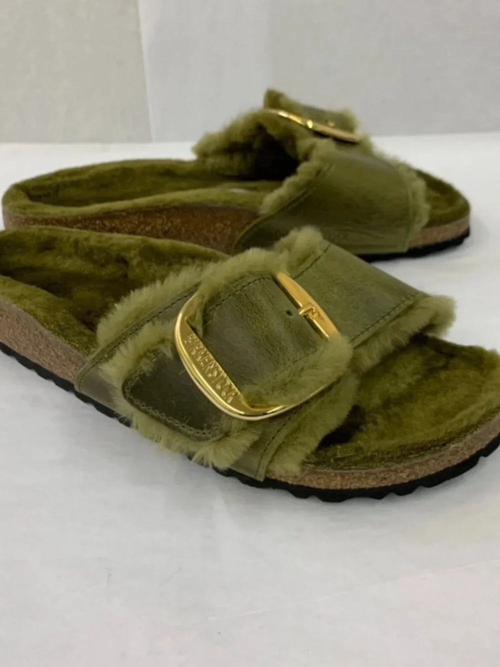 Birkenstock Madrid Big Buckle Olive Natural Leather Shearling Narrow Width